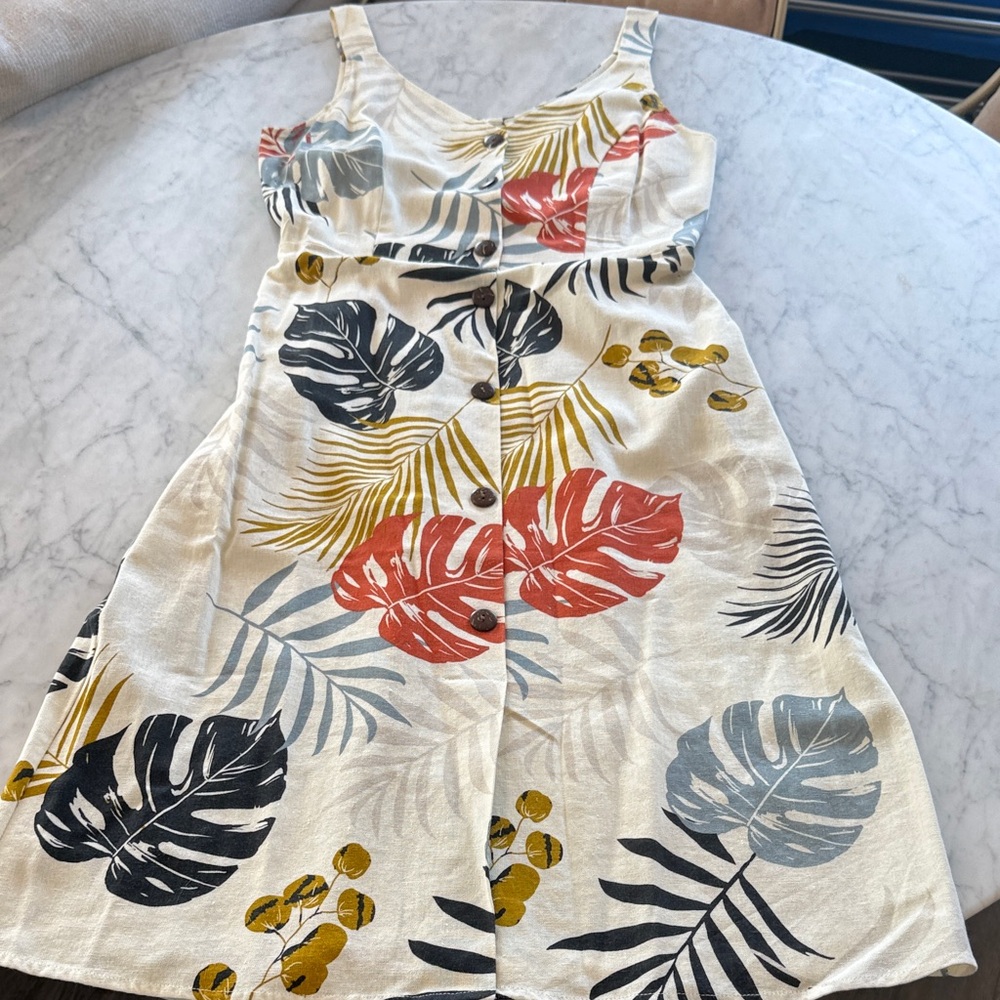 Monteau Cream Tropical Print Midi Dress